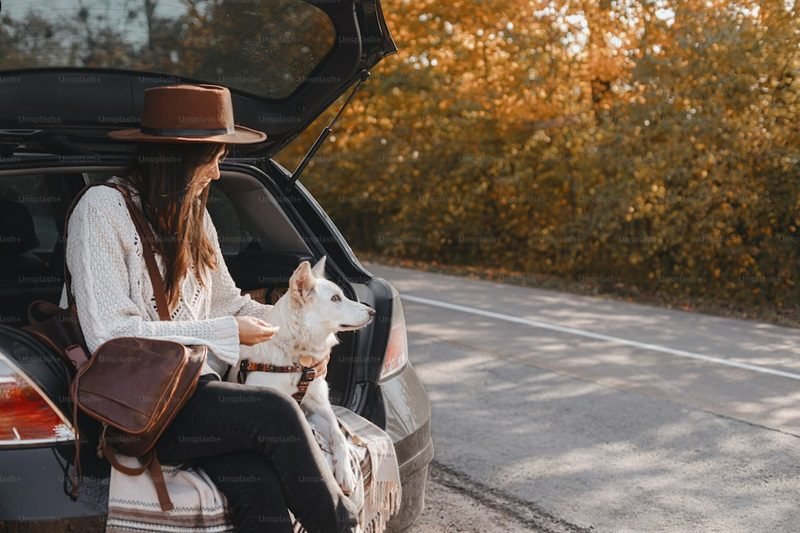 Stylish young woman sitting with cute white dog